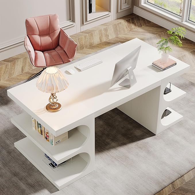 Tribesigns Modern Executive Office Desk 63-Inch Large Computer Home Office Desk with Storage Shelves Wood Study Writing Table Workstation Business Furniture White