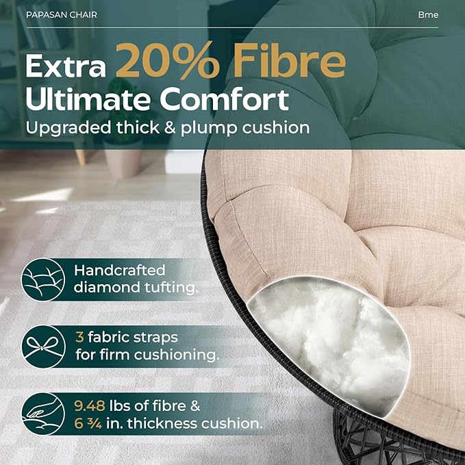Bme 40 Ergonomic Wicker Papasan Chair with Soft Thick Density Fabric Cushion High Capacity Steel Frame 360 Degree Swivel for Living Bedroom Reading Room Lounge Sepia Sand - Black Base