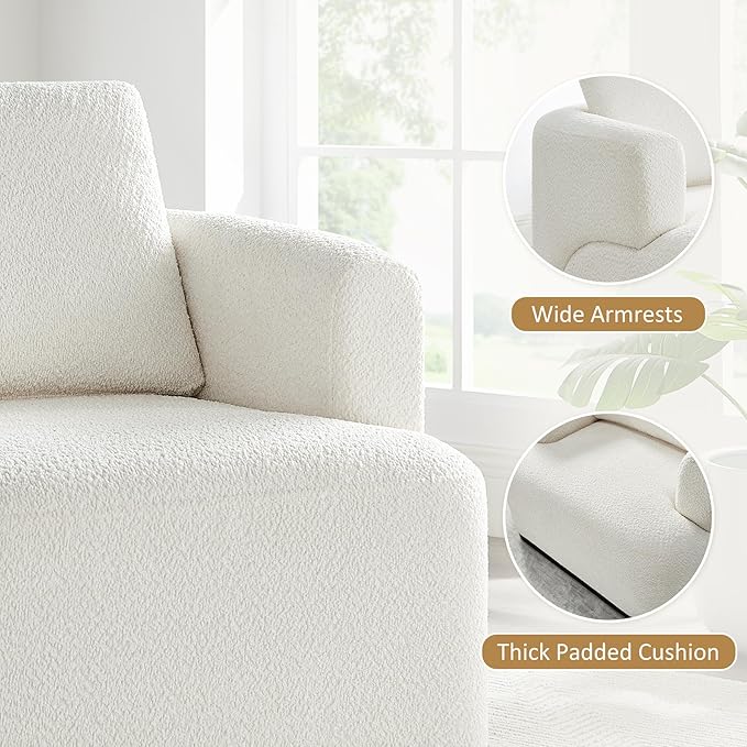 Oversized Living Room Chair Modern Comfy Boucle Accent Chairs with Throw Pillow Upholstered Armchair for Bedroom Office Waiting Room Fully Assembled (White)