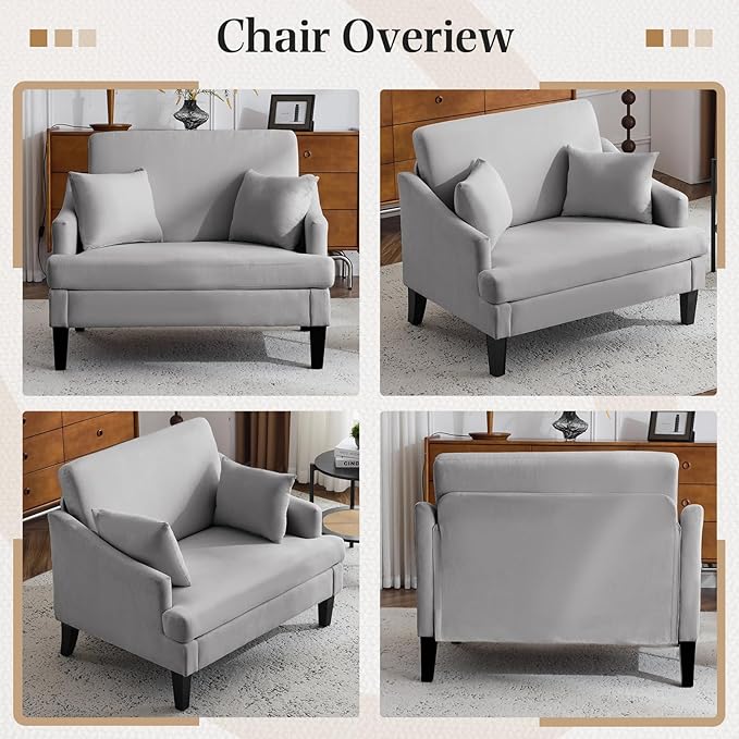 Bezseller Oversized Accent Chair 33.5'' Wide Accent Chairs with 2 Pillows for Living Room &amp Bedroom Modern Reading Chair Upholstered Single Sofa Chair Comfy Living Room Chair Grey
