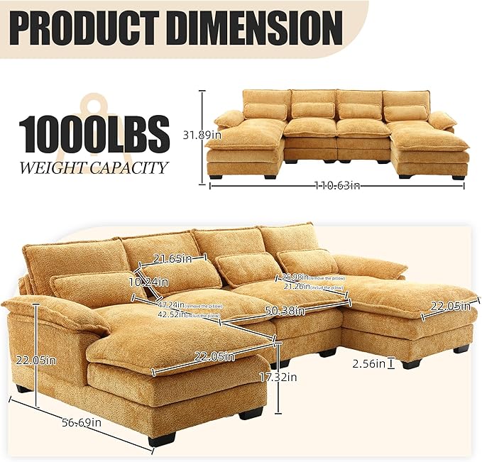 110'' U-Shaped Sectional Couch Modern Chenille Extra Large Modular Sofa with 4 Cushions Memory Foam Funiture Set with Double Lounger for Living Room Office Reception Room Yellow