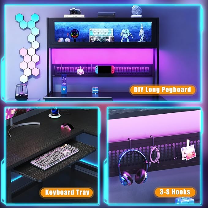 L Shaped Gaming Desk with Power Outlets &amp LED Lights 49'' Reversible Computer Desk with Hutch &amp Pegboard &amp Display Cabinet Corner Home Office Desk with Drawer &amp Keyboard Tray &amp S