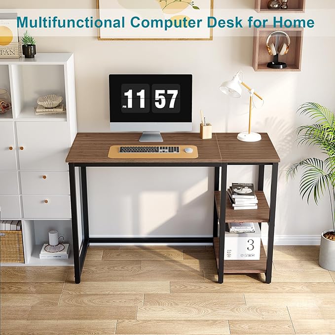 SINPAID Computer Desk 47 inches with 2-Tier Shelves Sturdy Home Office Desks with Large Storage Space Modern Gaming Desk Study Writing Laptop Table Brown