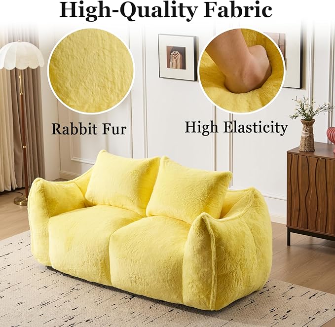 Compressed Sofa Couch in a Box 75” Beige Plush Floor Sofa Couch with Memory Foam for Bedroom Apartment Comfy Upholstered Foam Loveseat with Curved Armrest No Assembly (Yellow)