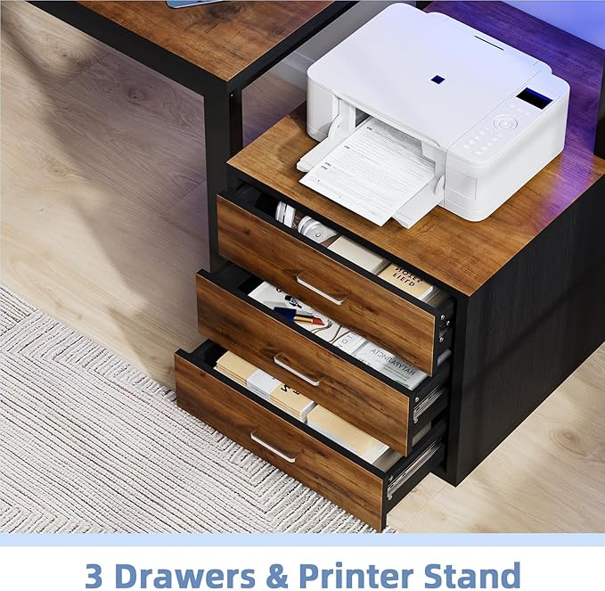 67'' Computer Desk with Drawers Black Desk with Storage and Monitor Stand Home Office Desk with LED Lights Black and Walnut