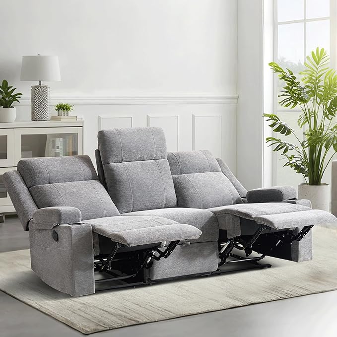 Large Manual Reclining Sofa – 3-Seater Chenille Reclining Couch with Cup Holders Wide Seat Easy Assembly &amp Spill-Resistant Fabric – Cozy Reclining Sofa for Living Room Apartment RV