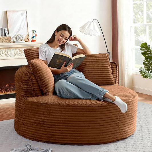 53W Oversized Round Chair Lounge Chaise Indoor Corduroy Comfy Circle Reading Armchair Upholstered Modern Cloud Boneless Chairs Cozy Floor Sofa Chair for Living Room Bedroom Apartment(Orange)