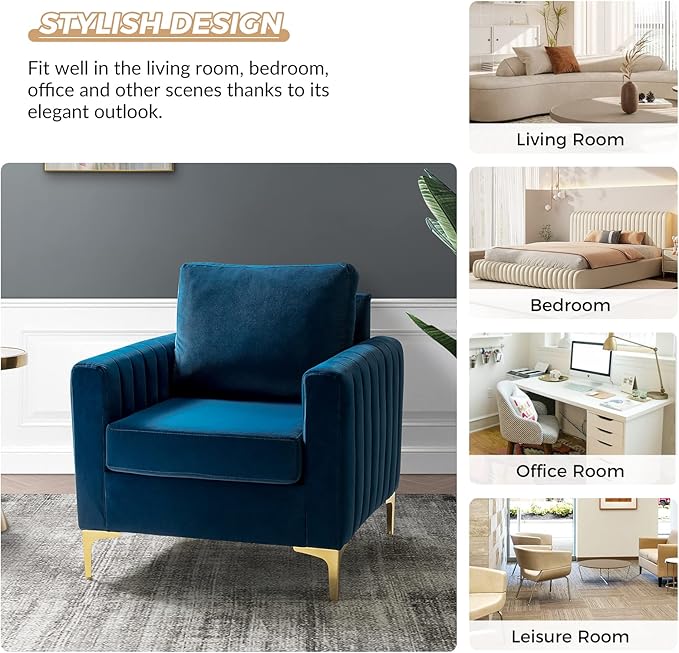 HULALA HOME Velvet Accent Club Chair Modern Velvet Armchair Upholstered Accent Club Sofa Chair with Gold Metal Legs Mid-Century Barrel Leisure Comfy Reading Armchair Navy