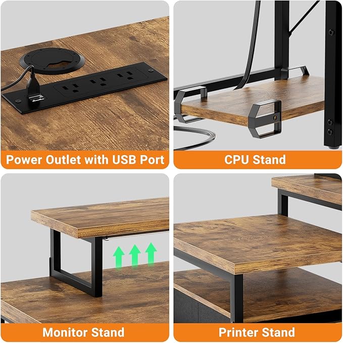 Unikito Reversible L Shaped Computer Desk with Fabric File Drawers 70.8 Large Office Desk with RGB LED Light &amp Power Outlets &amp Monitor Stand &amp CPU Stand Sturdy Corner Gaming Desk Rusti