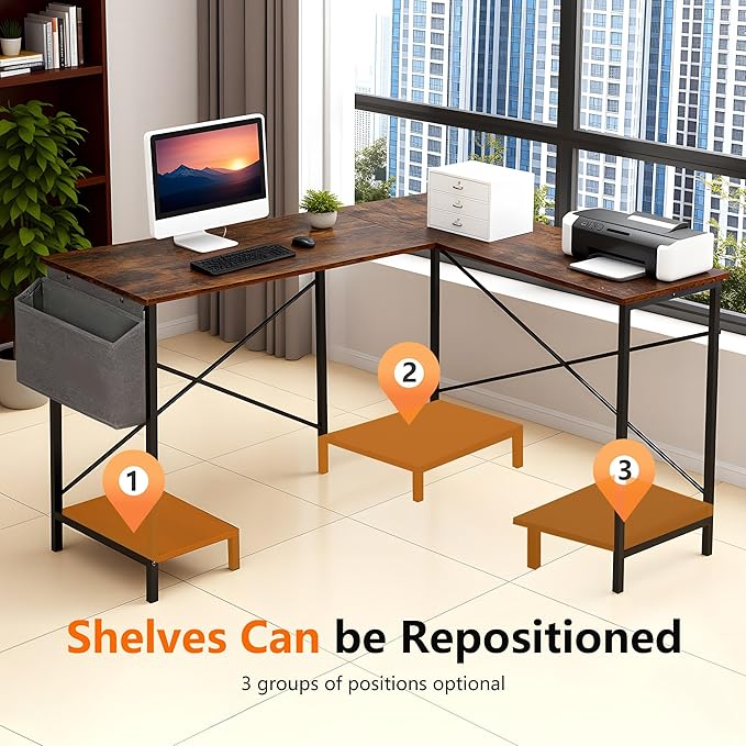 PayLessHere 50 Inch L-Shaped Computer DeskGaming Desk with Durable Metal FrameCorner Desk with Side Storage Bag &amp CPU Stand for Home Office Gaming StudyBrown