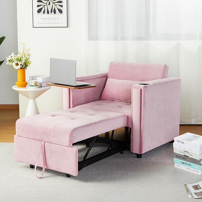 AVZEAR 4-in-1 Convertible Single Sofa Chair Bed with Pillow Multi-Functional Sleeper Chair with Adjustable Backrest Modern Velvet Sleeper Chair Bed for Living Room Apartment Small Space Pink