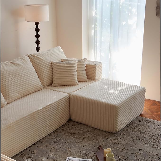 134 Beige Boneless Couch with Ottoman  Sectional Couches for Living Room L Shaped Couch 4 Seat Sofa with Pearl PipingCompression Sofa for Bedroom Comfy  No Assembly Corduroy (134’’ Beige)
