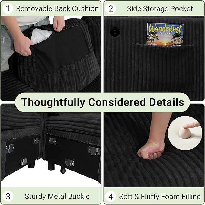 Sectional Sleeper Sofa with Pull Out Bed Storage Chaise Sectional Couches for Living Room Black Corduroy Couch with Storage Pull Out Bed 2 Cup Holders &amp USB Charging Ports Black