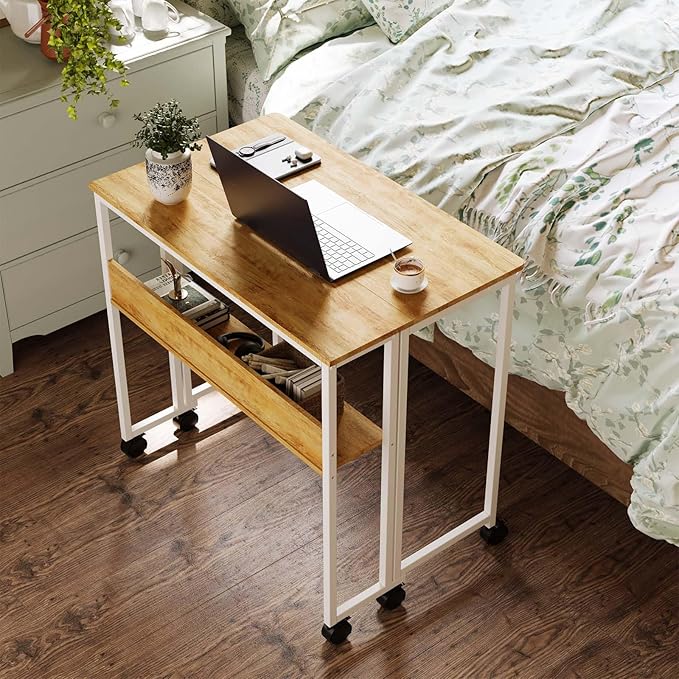 24.8 Folding Rolling Desk with Storage Shelf Small Foldable Computer Table on Wheels for Home Office &amp Small Spaces Portable Workstation with Brakes Oak
