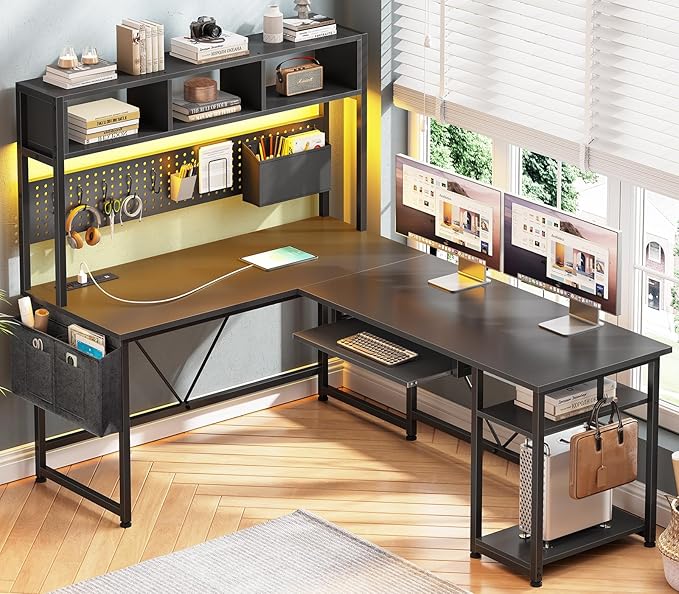 SEDETA L Shaped Gaming Desk with Hutch 57.5” Reversible Corner Computer Desk with Storage Shelves Gaming Desk with Pegboard LED Lights Power Outlet Keyboard Tray and Storage Bag Black