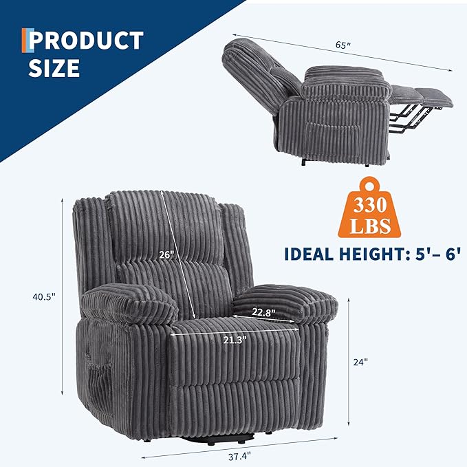 Garvee Corduroy Recliner Chair Manual Recliner Sofa with Handle Pillow Top Arms Thick Padding Side Pocket 330Lbs Capacity Adjustable Recliner for Living Room Bedroom Home Theater Dark Gray