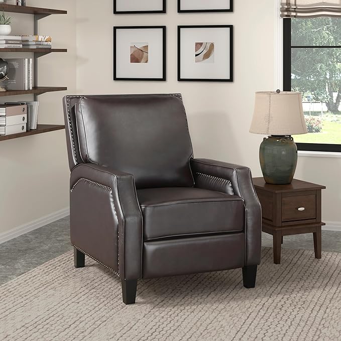 Push Back Reclining Chair Dark Brown Faux Leather Modern Living Room Chair for Relaxation Solid Wood Frame