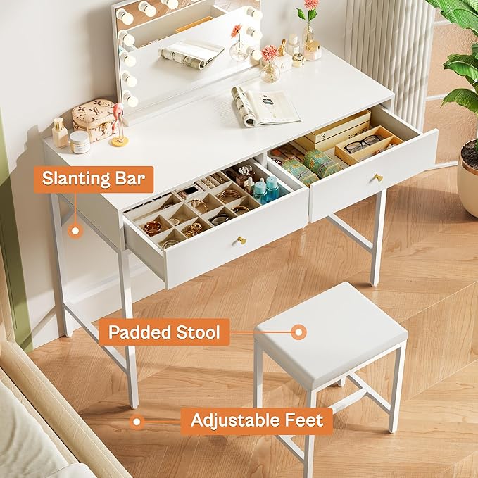 SUPERJARE 35.4 White Desk with 2 Drawers Modern Makeup Vanity with Padded Stool Small Computer Desk Home Office Desk for Writing Study Bedroom