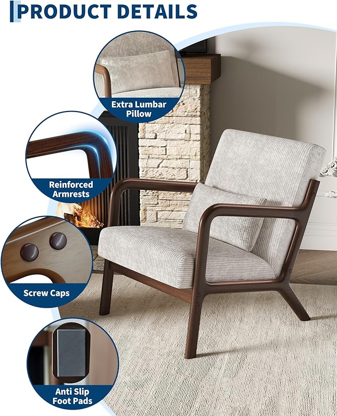 GarveeHome Mid-Century Accent Chair Cozy Wide-Wale Corduroy Reading and Lounge Armchair with Lumbar Pillow Modern Wood Frame for Living Room Bedroom Office Beige