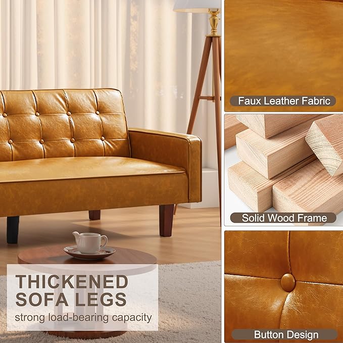 74 Modern Futon Couch Futon Sofa Bed Mid Century Sofa Bed Loveseat Couches for Small Spaces Living Room Bedroom (Faux Leather Light Brown)