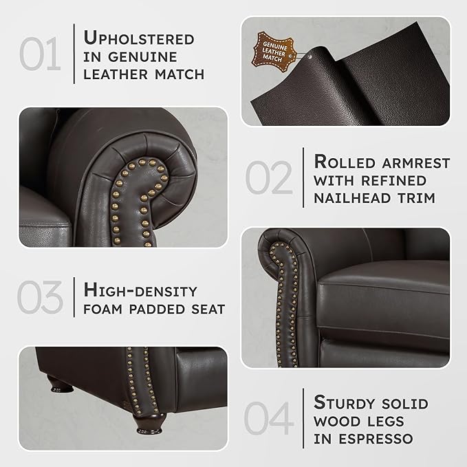 Lexicon Leather Match Couch for Living Room with Wood Frame Rolled Armrest &amp Nailhead Trim Top Grain Leather Match Sofa for Bedroom Office Waiting Room 2-Seater Loveseat Dark Brown