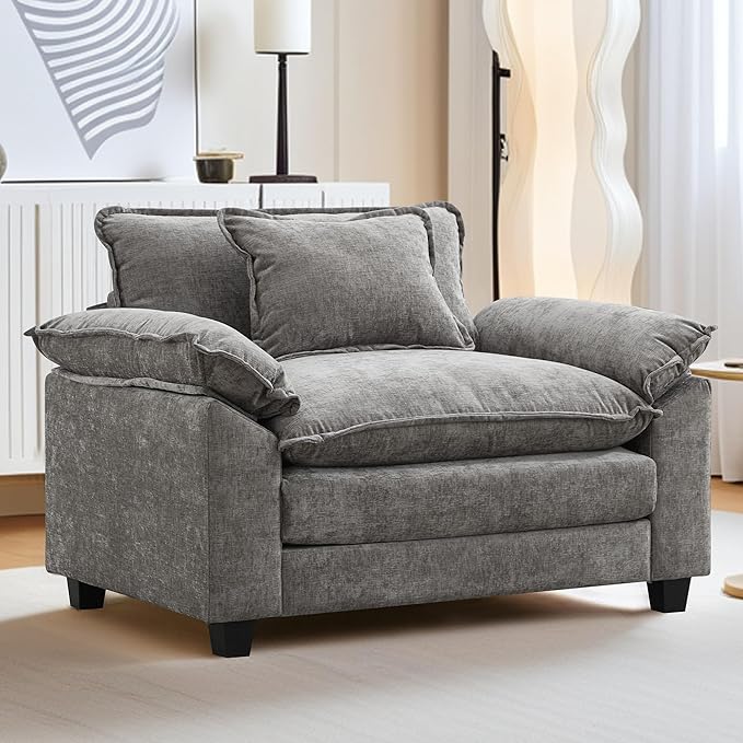 URRED Cloud Couch Accent Chair Oversized Chenille Armchair with Deep Wide Seat and Upholstered Armrests Grey – Modern Lounge Chair for Bedroom or Living Room