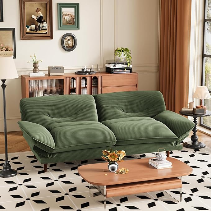 JUMMICO Convertible Futon Sofa Bed Sleeper Futon Couch with Adjustable Backrest and Armrests Modern Loveseat with Sturdy Wood Frame for Small Spaces Apartments (Corduroy Green)