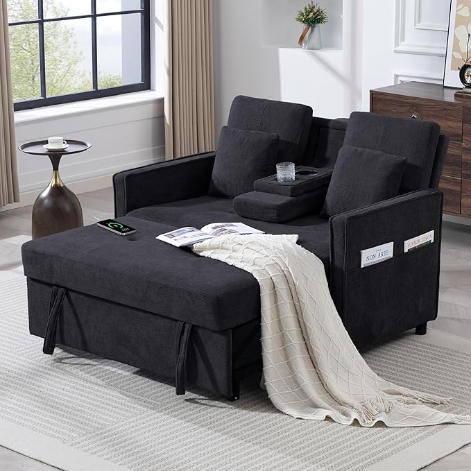 Convertible Sofa Bed 3-in-1 Sleeper Sofa with Pull-Out Bed Chenille Couch Folding Loveseat USB Ports &amp Adjustable Backrest Modern Loveseat for Living Room Apartment Black