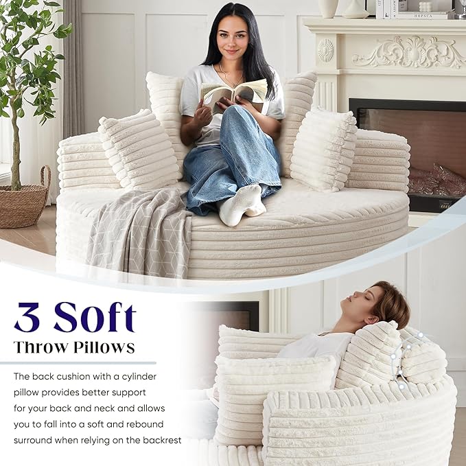 360-Degree Oversized Swivel Chair Modern Round Circle Corduroy Comfy Deep Seat Swivel Accent Chaise Lounge Sofa Chair with Back Cushion &amp 2 Throw Pillows for Living Room Bedroom Office Beige