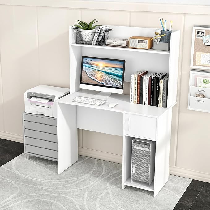 Tangkula Computer Desk with Hutch Home Office Desk with Raised Display Shelf &amp 2 Open Shelves Cabinet with Door Cable Management Holes Modern Laptop PC Desk Study Writing Desk for Bedroom