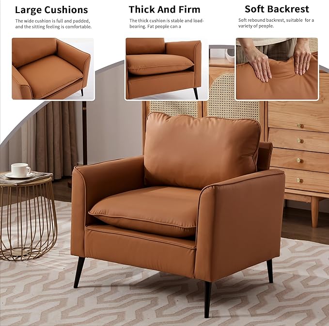 YISHENG Mid-Century Modern Living Room Accent Chairs Set of 2 - Oversized Faux Leather Armchairs with Removable Cushions &amp Metal Legs Comfortable Sofas for Office/Lounge/Bedroom/Reception（Brown）