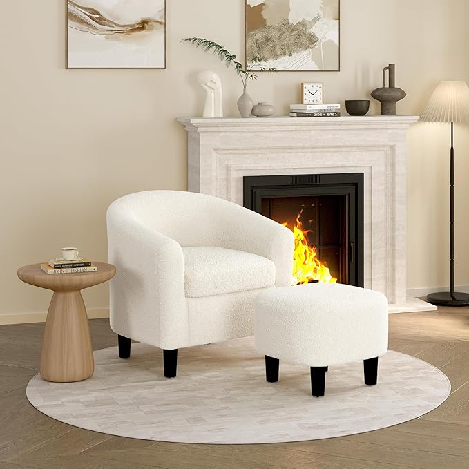 Yaheetech Accent Chair and Ottoman Set Mid Century Boucle Fabric Barrel Chair and Comfy Fabric Footrest for Living Room/Bedroom/Reading Room Ivory 2 PCS