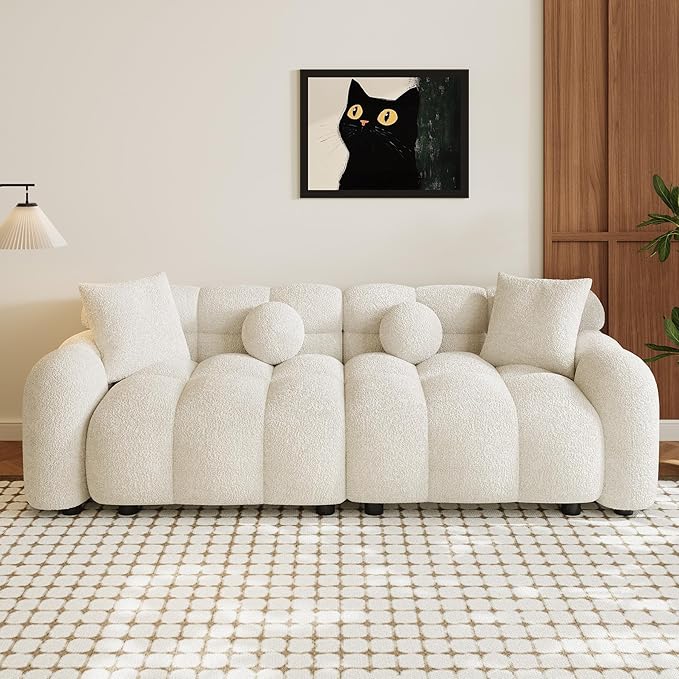 Boucle Sofa Couch 87.3 Modern Tufted Upholstered Teddy 3 Seater Sofa with 4 Pillows Sherpa Deep Seat Cloud Couch Comfy Loveseat Oversized Sofas for Living Room Apartment Beige White