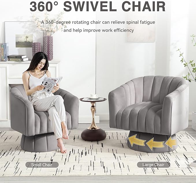 YSICK Swivel Accent Chair 360°Swivel Barrel Chair Modern Ottoman with Velvet Fabric Mid-Century Ottoman with Wide Upholstered Round Armchair for Living Room Lounge BedroomGrey