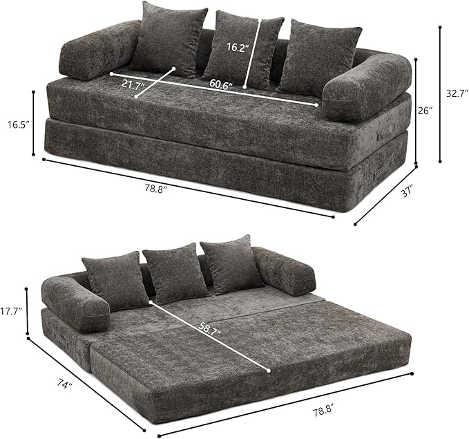 79 Inch 4-in-1 Convertible Sofa Bed Boneless Couches Chenille Folding Sleeper with Pull Out Bed Floor Futon Modular Lounge Loveseat Compressed Sofa No Assembly Required for Living Room (Gray)