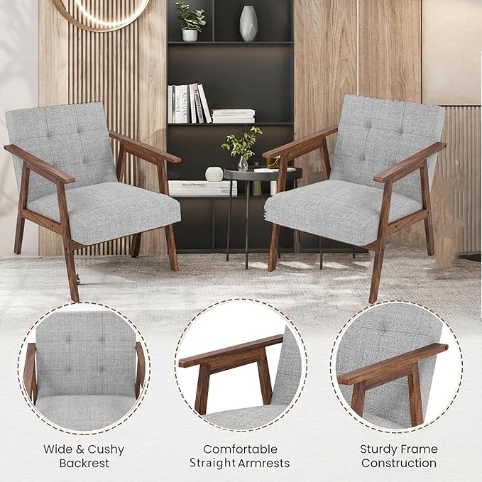 TARSHYRY Mid Modern Accent Chair Linen Upholstered Armchair with Rubber Wood Frame and Soft Cushion Comfortable Lounge Chair for Living Room Bedroom Balcony (Light Grey)