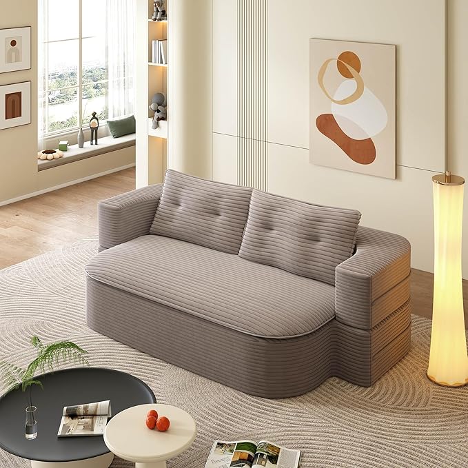 78.7 Convertible Sleeper Sofa Bed with 2 Soft Pillows 2-in-1 Fold Out Couch Upholstered in Luxurious Plush Corduroy Fabric Deep Seat Couch for Living Room Bedroom Guest Room (Coffee)