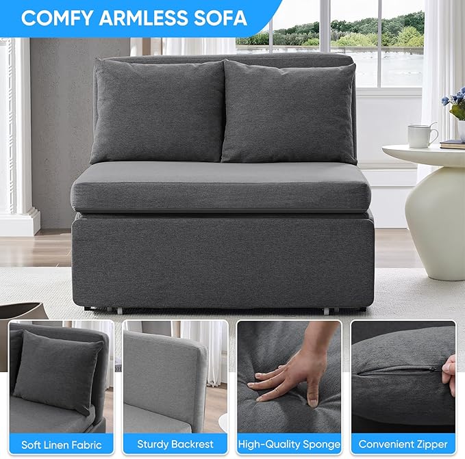 Mjkone 43“ W Twin Size Pull Out Sofa Bed Chair with 2 Pillows 2 in 1 Armless Sleeper Sofa Pull Out Couch Bed Convertible Linen Sofas Sleeper Chair Bed for Living Room Apartment Office Dark Gray