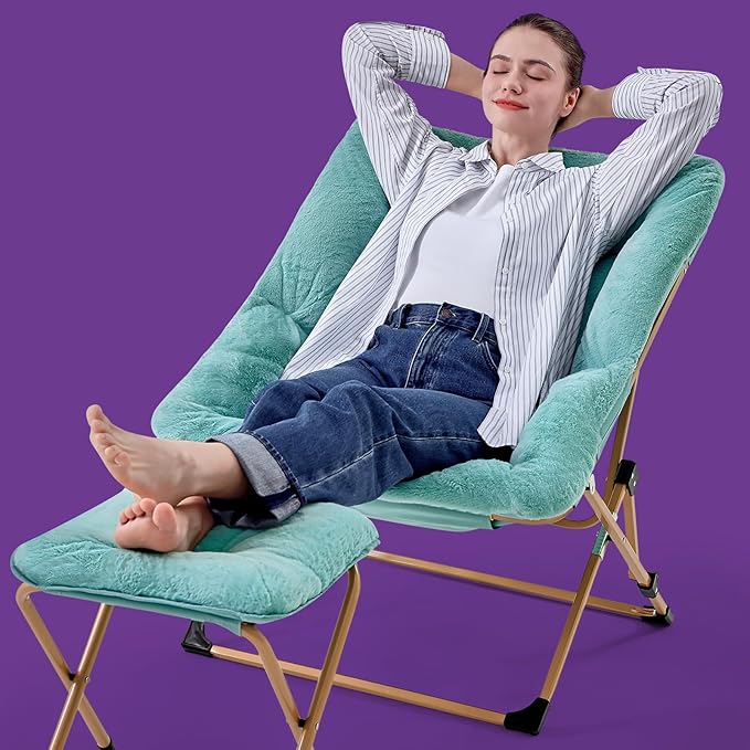 OAKHAM Comfy Chair for Adults Soft Faux Fur Folding Lounge for Bedroom Living Room Dorm Rooms Flexible Reading Chair for Teens Kids X-Large Foldable (Ottoman-Mint)