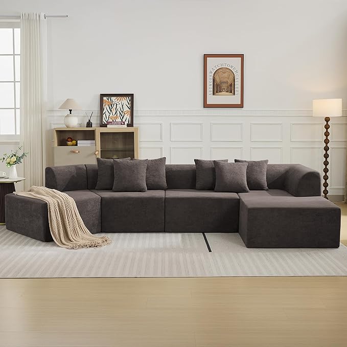 140''Oversized Cloud Velvet Curved Sectional Couch Boneless Couch with L-Shape Chaise Upholstered Compression Memory Foam Modular Sectional Sofa for Living Room No Assembly Required Brown