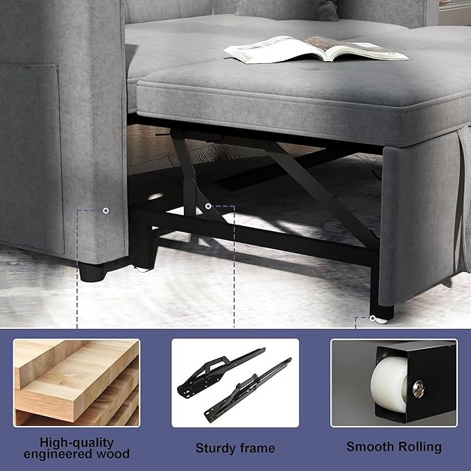 Loveseat Sleeper Sofa Bed Couch: Queen Sleeper Chair Pull Out Bed for Living Room Grey Velvet Couch Beds for Small Spaces 3 in 1 Convertible Sofa with Armrests
