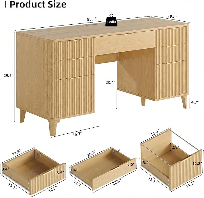 Wooden Desk with Drawers 55 Fluted Executive Desk with Storage Cabinet Wood Home Office Desk with File Cabinet Modern Computer Writing Desk for Study Living Room Bedroom