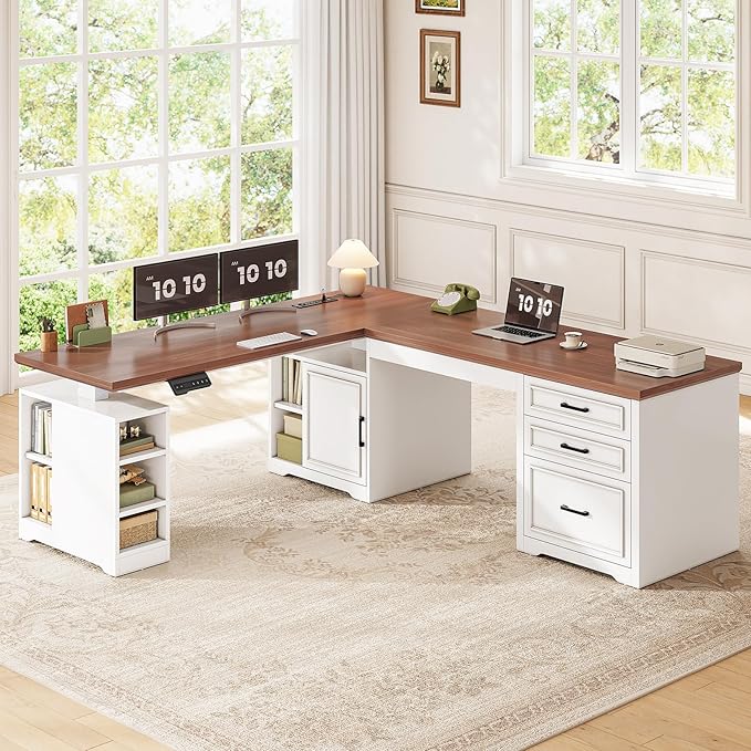 SEDETA Farmhouse L Shaped Electric Standing Desk 63 x 67 Height Adjustable Home Office Executive Desk with Drawers and Shelves Standing Computer Desks with Power Outlet for Home Office White