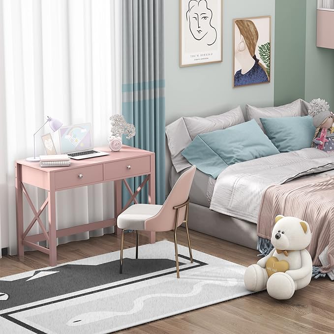 WiberWi Home Office Desk with Drawers Modern Writing Computer Desk for Bedroom Small Pink Makeup Vanity Table for Girls Study Table for Home Office