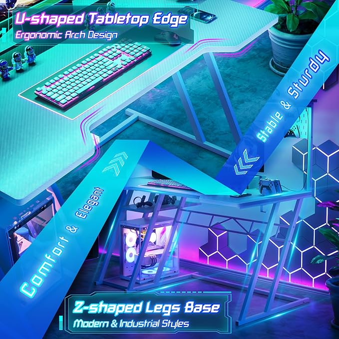 Armocity 53'' White Gaming Desk with Hutch and LED Lights Gaming Computer Desk with Storage Shelves &amp Z-Shaped Legs Reversible PC Game Desk with Pegboard for Bedroom Carbon Fiber Surface