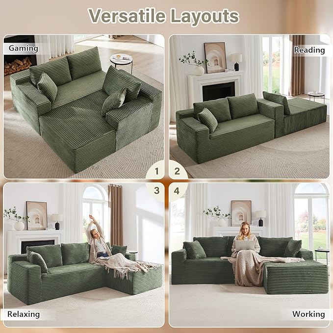 103 Cloud Sectional Couch with Chaise Lounge L Shaped Modular Modern Sofa Comfy Corduroy Fluffy Sofa with Deep Seat No Assembly Required Foam Couch for Living Room(Green Right Facing Chaise)