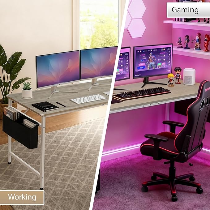 VINGLI 63 Inch Computer Office Modern Simple Gaming Desk with Side Fabric Drawer &amp Hook Up Wear-Resistant Surface Writing Desk Work Desk for Bedroom Living Room Oak Grey