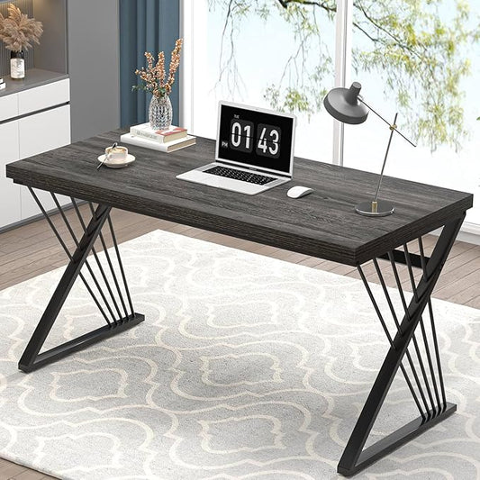 FOLUBAN Modern Home Office Desk Rustic Wood and Metal Computer Desk Writing Study Gaming Table PC Desks for Living Room Bedroom Industrial Dark Gray 53 inch