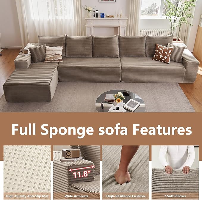 Cloud Modular Sectional Sofa for Living Room167x69.7 Oversized L-Shaped Couch with 7 PillowsBig Comfy Couches SetFluffy Deep-Seat Corduroy Sofa with ChaiseNo Assembly (CamelLeft-Facing Chaise)