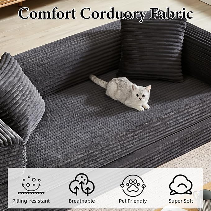 Folding Convertible Sleeper Sofa Bed Corduroy Upholstered Boneless Couch with Pillows Modular Floor Sofa Compression Couch for Living Room No Assembly Required (Dark Gray)